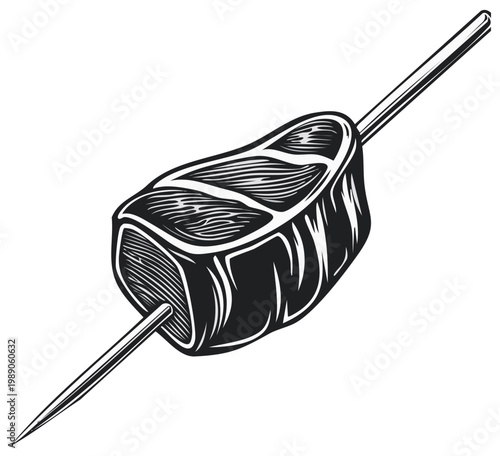 Skewered chunk of raw meat for kebab in a monochrome vintage engraving style