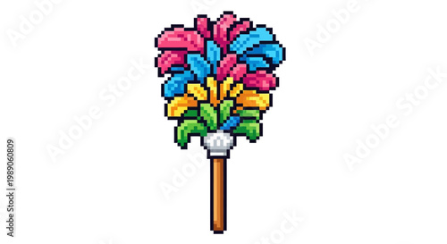 Colorful Duster with Vibrant Feathers and Wooden Handle.