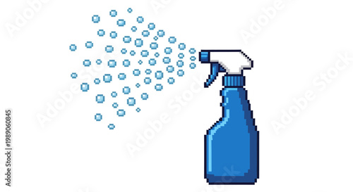 Blue spray bottle dispensing cleaning liquid bubbles.