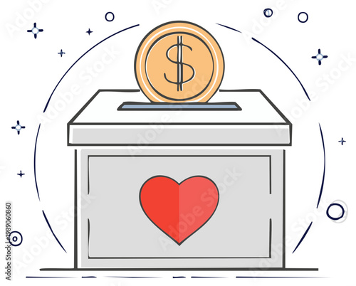 Charity donation box with coin and heart symbol illustration