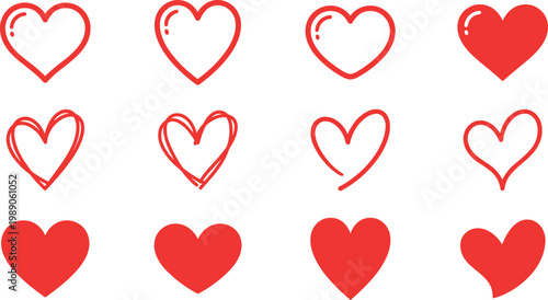 Red Heart Icon Collection with Outline, Hand Drawn and Solid Love Symbols for Valentine Design, Romantic Messages and Social Media Vector Illustration Set