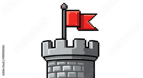 Castle Tower With Red Flag Flying High.
