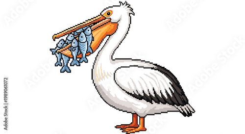 Cartoon Pelican Proudly Displays Catch of Many Fish.