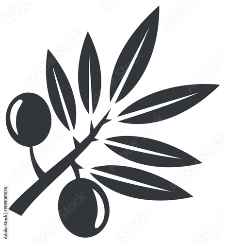 Olive branch with leaves and olives, black and white icon, botanical illustration.