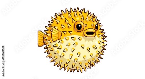 Cartoon Pufferfish Inflated and Spiky Ready to Defend Itself.