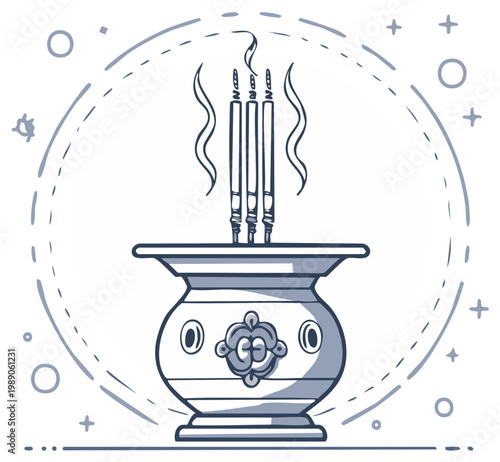 Stylized Ritual Incense Burner with Burning Incense Sticks Illustration