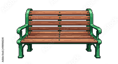 Classic Wooden Park Bench with Green Metal Frame.