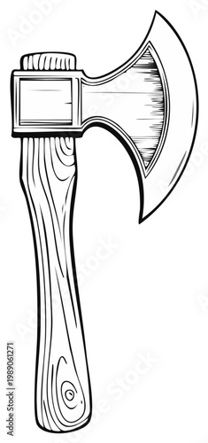 Detailed outline of a vintage axe with wooden handle for chopping wood
