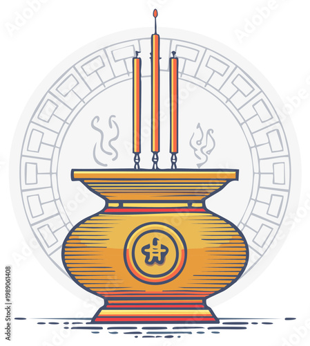 Golden traditional Chinese incense burner with burning joss sticks and smoke spiritual illustration