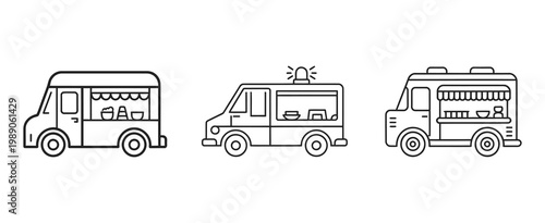 Food truck vector icons set, street food van illustrations, mobile kitchen line art designs, modern outline style icons for street vendors, takeaway services