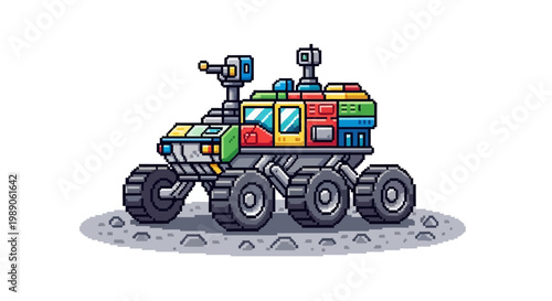 Colorful Cartoon Mars Rover Exploring Alien Planet Surface.