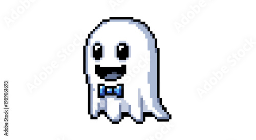 Cute Pixel Art Ghost Character with Bow Tie.