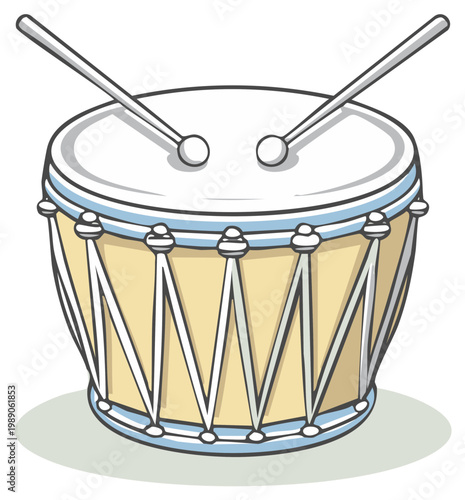 Illustration of a traditional snare drum with drumsticks ready to play