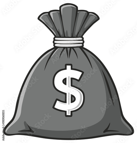 A full sack of cash with a dollar sign symbol in a simple grayscale cartoon style illustration