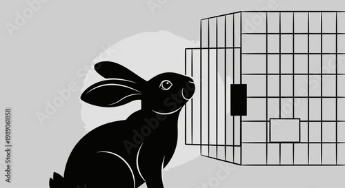 Black silhouette of a rabbit outside cage.