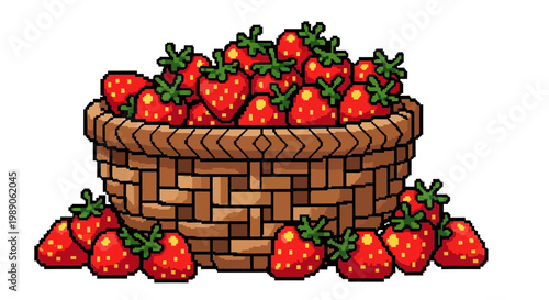 Basket overflowing with ripe red strawberries.
