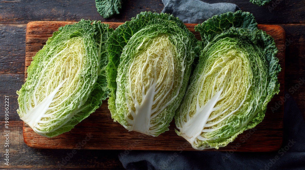 Fototapeta premium Fresh Green Cabbage Slices Displayed on Wooden Cutting Board with Dark Cloth Background