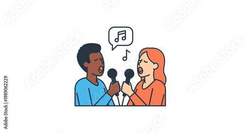 Man and woman singing with microphones.