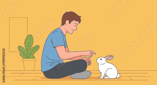 Man sitting with a white rabbit.