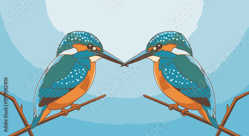 Two Kingfishers on a Branch Together.
