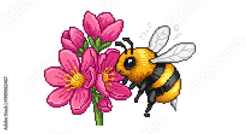Cute Cartoon Bee Approaching Pink Flowers Illustration.