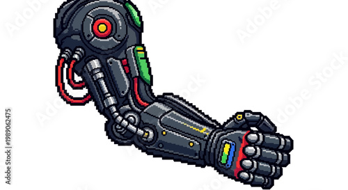 Detailed Pixel Art Robotic Arm with Advanced Cybernetic Components.
