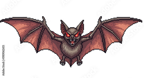 Fierce Bat with Glowing Red Eyes and Open Wings.