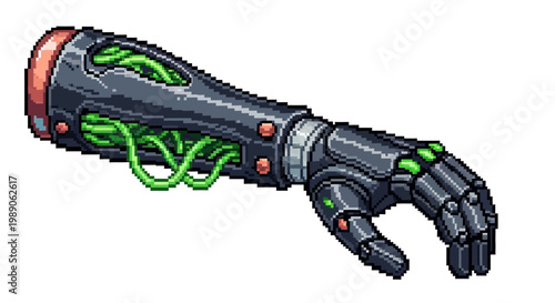 Detailed Cybernetic Arm with Visible Green Wires and Robotic Hand.