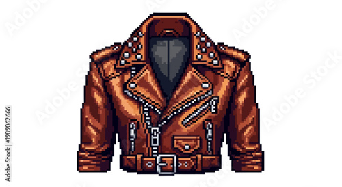 Detailed Pixel Art Brown Leather Biker Jacket with Studs.