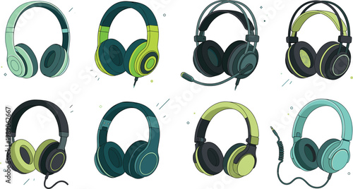 Stylish Headphones Illustration Set with Wireless and Wired Audio Devices for Music Listening, Gaming Headsets, Streaming, and Modern Technology Design Projects