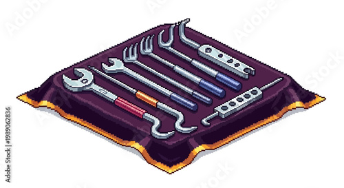 Collection of specialized tools arranged on a velvet cushion.