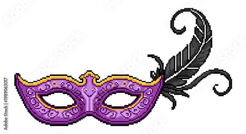 Elegant Purple Masquerade Mask with Black Feather Accent.