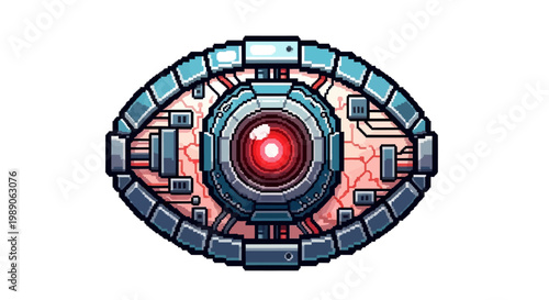 Cybernetic Eye Symbol with Red Glowing Pupil and Circuits.