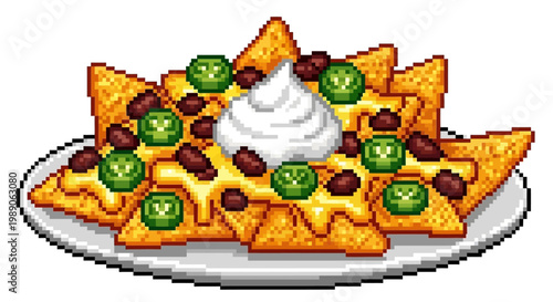 Delicious Pixel Art Nachos with Toppings on Plate.