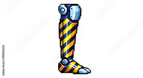Detailed Robotic Prosthetic Leg with Warning Stripes.