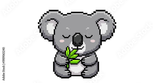 Cute Pixel Art Koala Eating Eucalyptus Leaves.