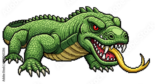 Fierce Green Lizard Monster with Red Eyes and Forked Tongue.