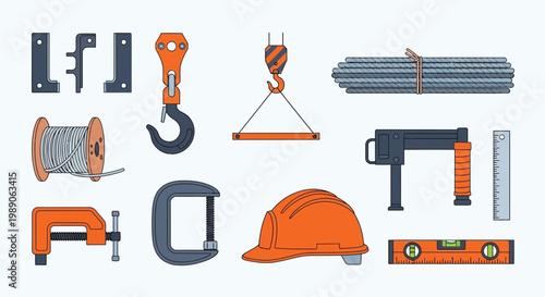 Construction tools and equipment in a colorful illustrative arrangement
