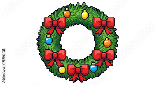 Festive Christmas Wreath with Red Bows and Ornaments.