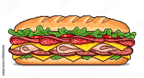 Delicious Pixel Art Sub Sandwich Loaded with Meats and Cheese.
