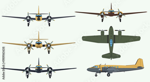 Illustrative depiction of various vintage propeller driven airplanes from multiple views