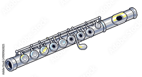 Detailed Illustration of a Silver Metal Flute Musical Instrument.