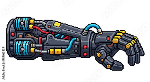 Detailed Pixel Art Robotic Arm with Intricate Mechanics.