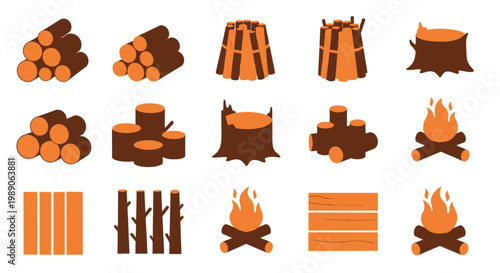 Assorted wood piles logs and campfires in a cartoon style