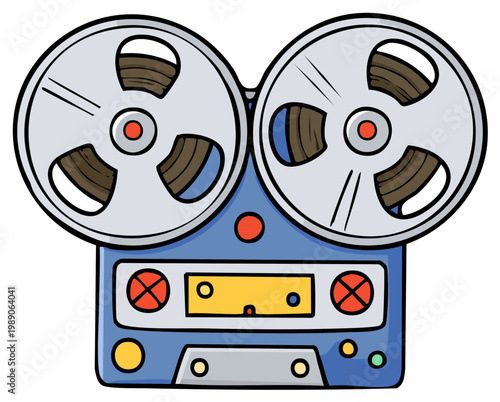 Retro reel-to-reel tape recorder with two spools and control buttons, cartoon style