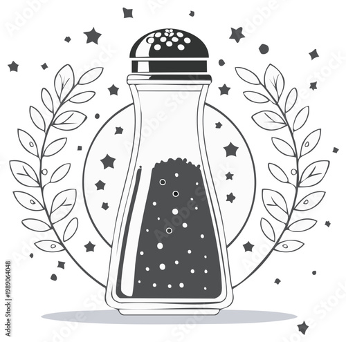 Outline illustration of pepper shaker with spices and herbal twigs, stars, round frame, flavoring vector drawing