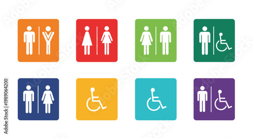 Colorful restroom signage depicting men women and accessible facilities