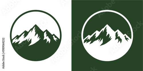 Clean and modern mountain silhouette icons set within circular frames, featuring a minimalist green and white color scheme. Ideal for logo design, branding, apparel, digital marketing, and eco-friendl