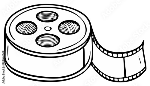Vintage film reel with filmstrip black and white line art illustration for cinema concept