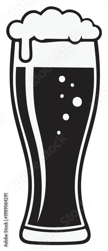 Black and white beer glass illustration with foam.